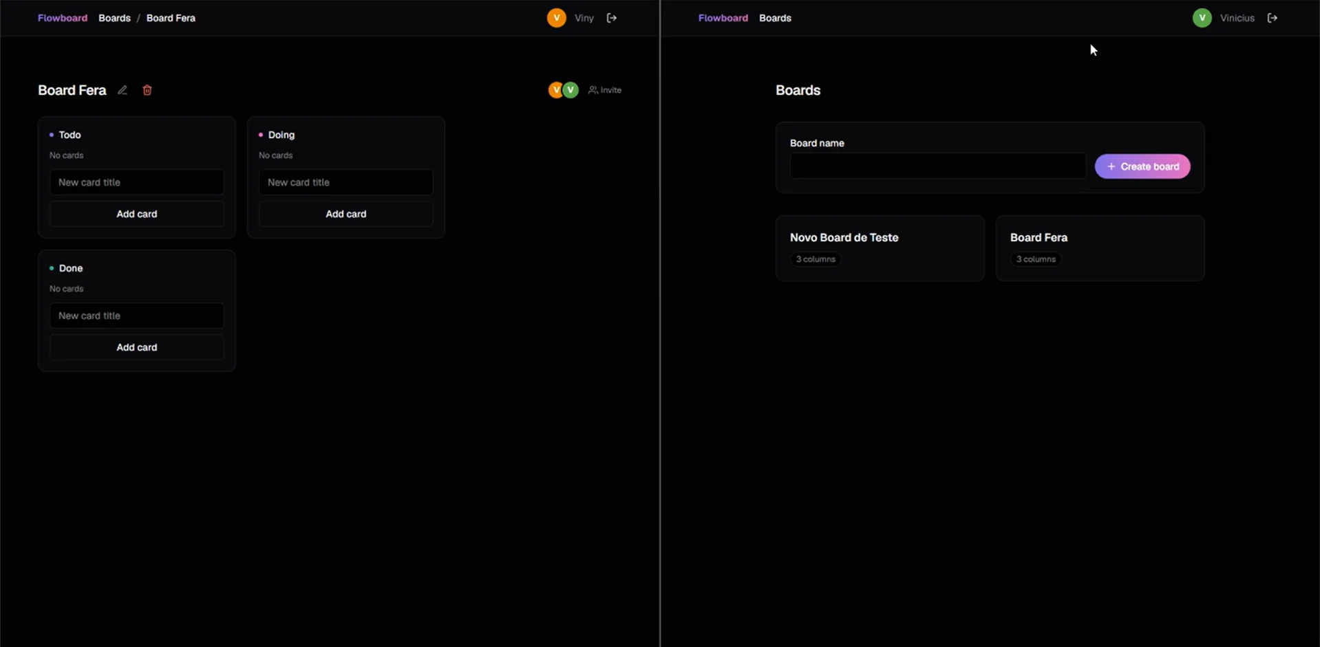 Interface do projeto Flowboard